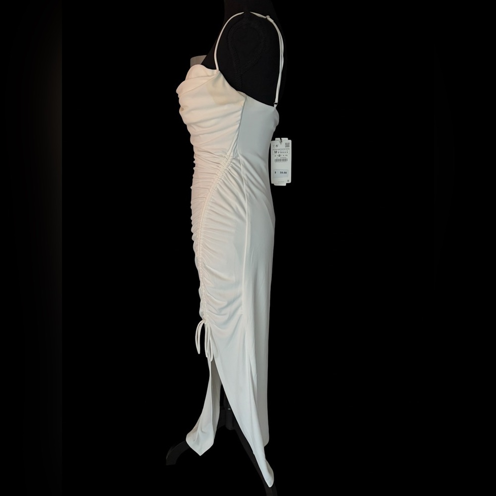 Zara White Strap Ruched Side-Tie Midi Dress - Picture 3 of 8